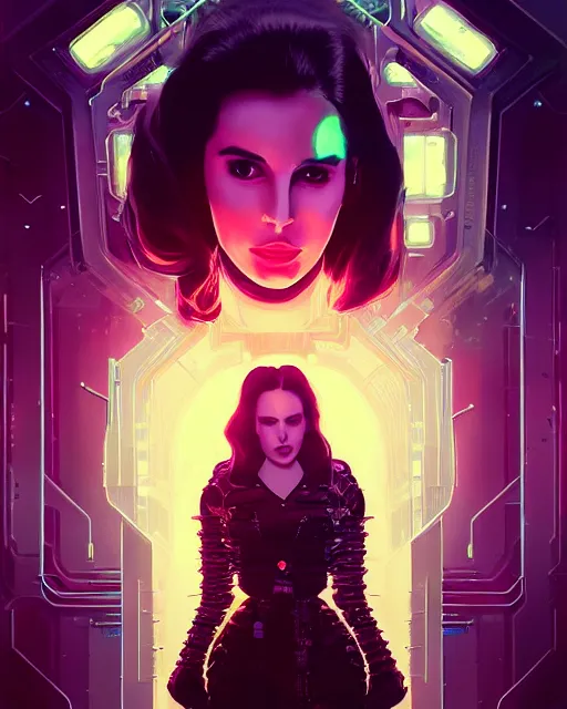 Image similar to portrait of lana del rey as a cyberpunk cyborg. roses, sci - fi, missing panels, intricate abstract upper body intricate artwork, by tooth wu, wlop, beeple, dan mumford. concept art, octane render, deviantart, greg rutkowski, cinematic arthouse, key art, hyper realism, iridescent accents