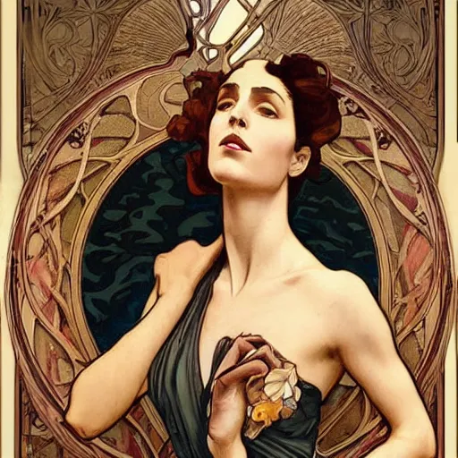 Image similar to an art nouveau painting in the style of mort kunstler, and in the style of charlie bowater, and in the style of alphonse mucha. symmetry, smooth, sharp focus, semi - realism, intricate detail.