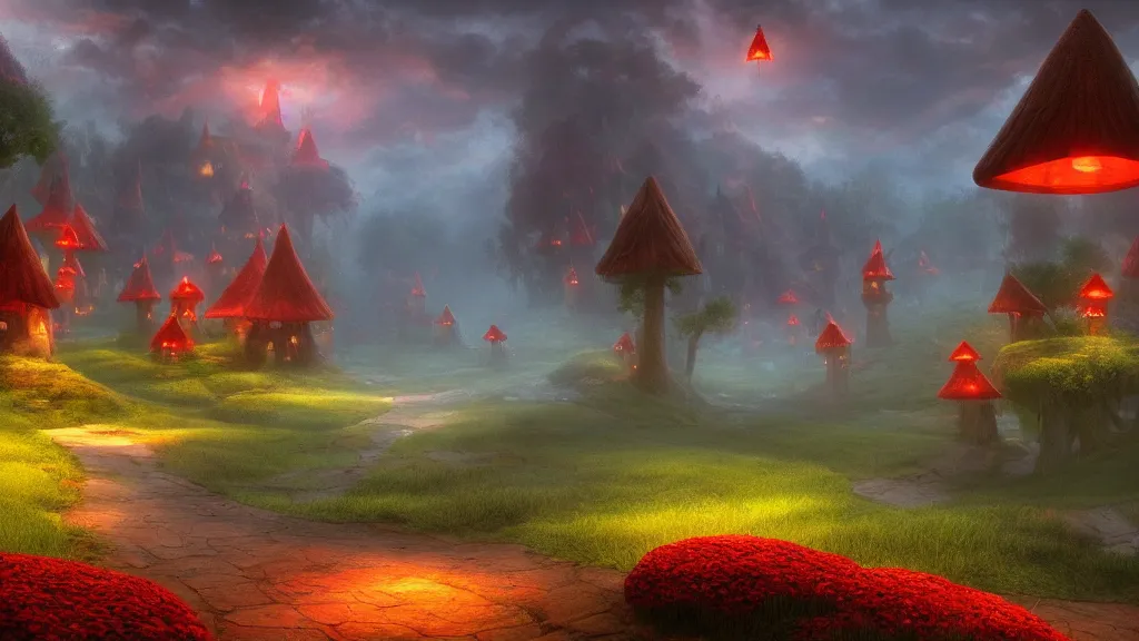 Prompt: fantasy red toadstool cottages world suspended in the air, foggy atmosphere, volumetric lighting, fantasy artwork, very beautiful scenery, hd, hdr, unreal engine 5, cinematic 4k wallpaper, 8k, ultra detailed, high resolution, artstation