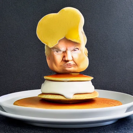 Prompt: Donald Trump anthropomorphic pancake stack, food photography