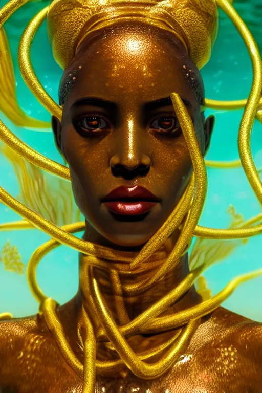 Prompt: hyperrealistic precisionist cinematic underwater scene with fish and algae, very expressive! translucent elegant african goddess, full body, gold jewerly, highly detailed face, digital art masterpiece, aykut aydogdu zener, dramatic volumetric light, long shot, low angle uhd 8 k, sharp focus