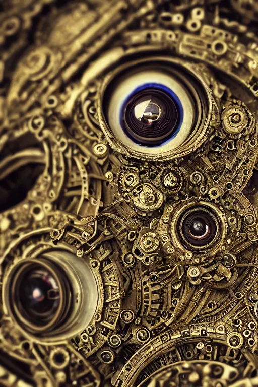 Image similar to a macro photo of a mechanical eye, close - up, intricate details, intricate gears and lenses, intricately detailed engravings, intricately detailed markings, intricate textures, warm lighting, vivid colors, realistic octane render, hyper realistic render, volumetric shading, depth of field, raytracing, 8 k,