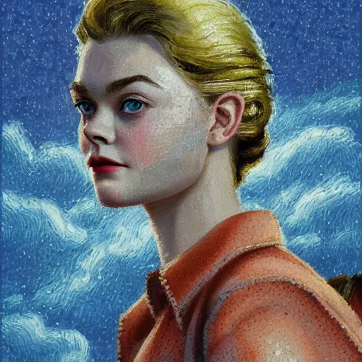 Image similar to professional painting of Elle Fanning in Fallout 3 in the style of Henri-Edmond Cross, head and shoulders portrait, symmetrical facial features, smooth, sharp focus, illustration, intricate, stormy weather, extremely detailed masterpiece,