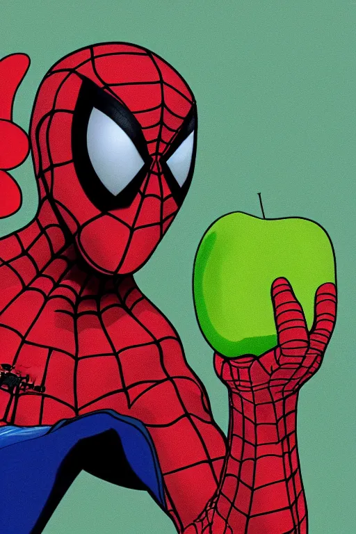 Prompt: Steve Jobs as unmasked Spiderman holding a bitten apple