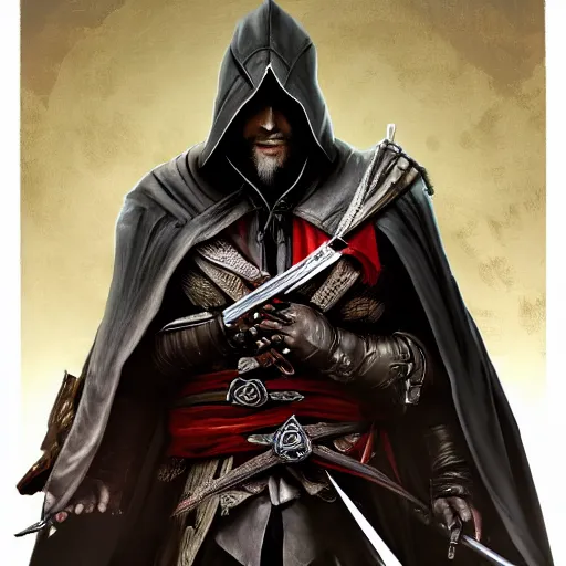 Image similar to an ultra detailed vector image of ezio auditore dressed as the hunter from bloodborne, concept art by alphonse mucha and greg rutkowski, praise the blood moon, octane render, liminal space