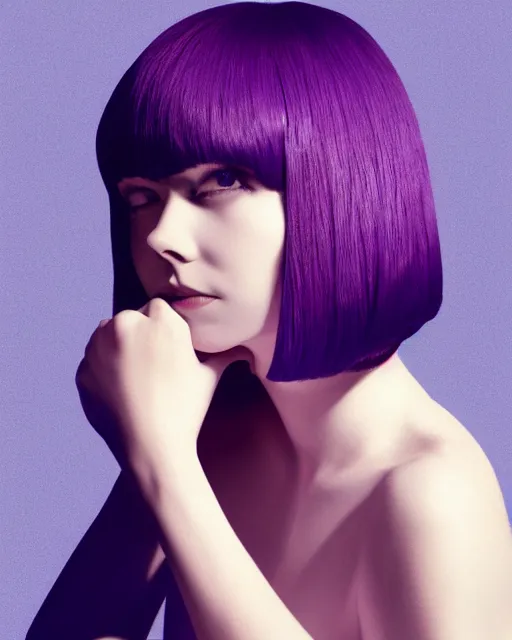 Prompt: colleen moore 2 5 years old, bob haircut, portrait casting long shadows, resting head on hands, by ross tran, purple, blue, red