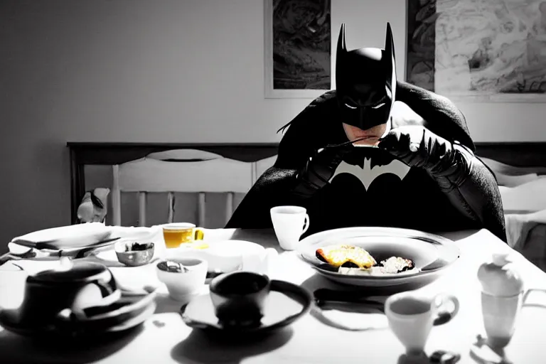 Image similar to portrait of Batman eating breakfast By Emmanuel Lubezki