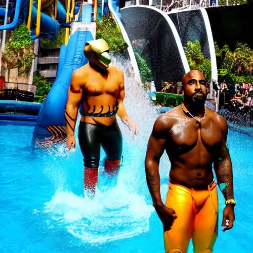 Image similar to photograph of kanye west in an aquaman costume at a waterpark.