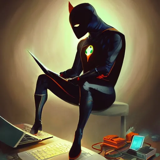 Image similar to a masked superhero wearing a costume sitting at the computer nervously clicking on the mouse in the style of peter mohrbacher