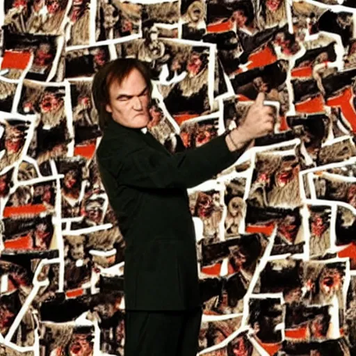 Image similar to quentin tarantino pointing at hundreds of human feet