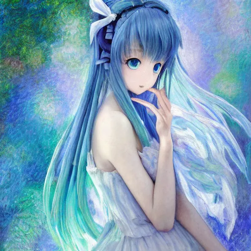 Prompt: A delicate,soft and highly detailed painting of Hatsune Miku with sparkly anime eyes, chiaroscuro, masterpiece painted by Claude monet, post-impressionism, thick impasto technique, paint-on-glass painting, pastel oil inks, very ethereal, vantablack chiaroscuro, paint-on-glass painting, oil inks, very ethereal, silver light, nacre colors