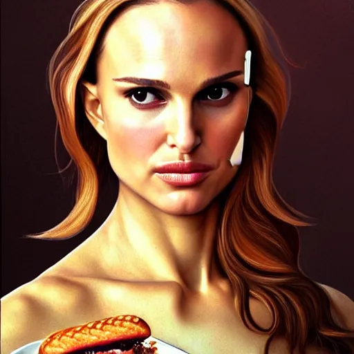 Prompt: Natalie Portman eats a baconator, portrait by Sandro Botticelli, sci-fi, amber eyes, beautiful face, appealing long hair, fantasy, Wendy's Baconator, BBQ Sauce, intricate, elegant, highly detailed, digital painting, artstation, concept art, smooth, sharp focus, oil painted illustration by Sandro Botticelli