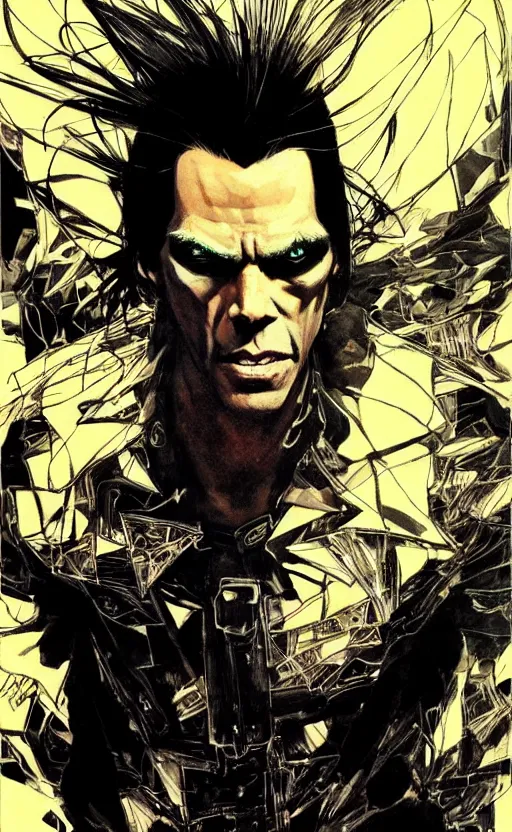 Image similar to full body portrait of nick cave with all the evil inside him, sumi - e lighting style, intricate linework, artstation, trending, highly detailed, smooth, focus, concept art by yoji shinkawa and glenn fabry, lee bermejo, gabriele dell'otto