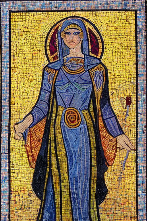 Image similar to Byzantine cyberpunk goddess, symmetrical, mosaic, felt