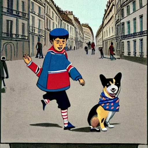 Image similar to book illustration of a french boy on the streets of paris playing football against a corgi, the dog is wearing a polka dot scarf, 1 9 6 6