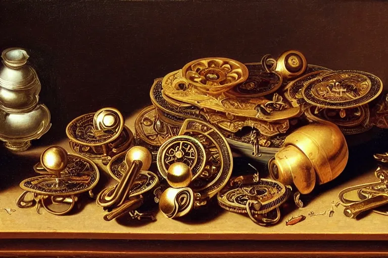 Image similar to inspiring renaissance still life of fidget spinners on an antique dresser, intricate, ornate, highly detailed fidget spinners, natural light, golden hour, oil painting by caravaggio