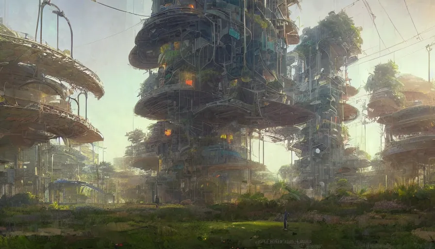 Image similar to craig mullins and ghibli digital illustration organized solarpunk tall vertical farms, scifi hydroponics, colorful, unreal engine, hyper realism, realistic shading, cinematic composition, realistic render, octane render, detailed textures, photorealistic, wide shot
