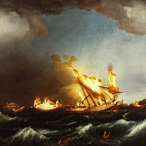 Image similar to oil painting of a ship on stormy waters, the ship is burning, 1 8 th century, antique painting