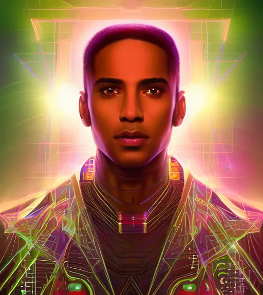 Image similar to symmetry!! egyptian prince of technology, solid cube of light, hard edges, product render retro - futuristic poster scifi, lasers and neon circuits, brown skin man egyptian prince, intricate, elegant, highly detailed, digital painting, artstation, concept art, smooth, sharp focus, illustration, dreamlike, art by artgerm