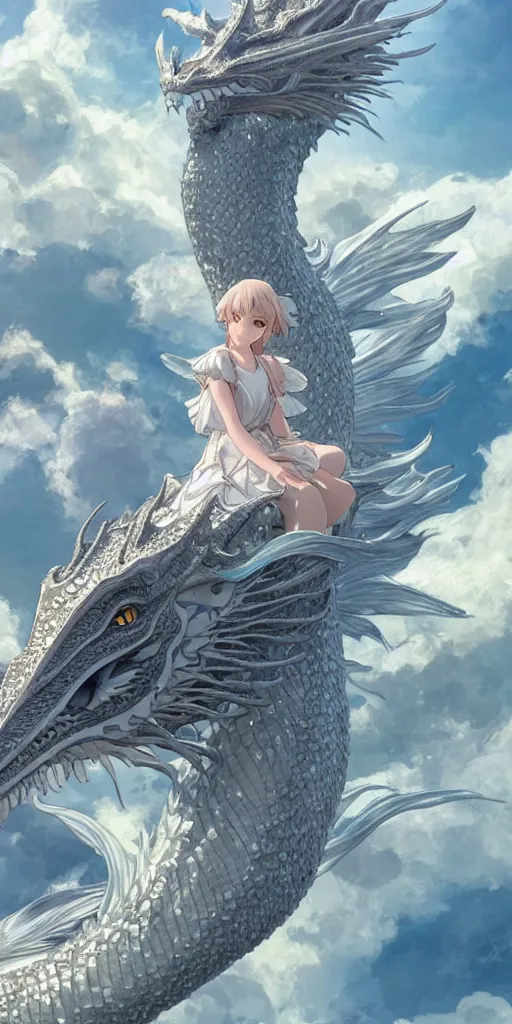 Prompt: the beautiful hyper detailed scene render that a beautiful princess sitting on the back of a huge silver white dragon alone in the fairyland surrounded by white clouds, finely detailed angelic face delicate features, style of studio ghibli, makoto shinkai, raphael lacoste, louis comfort tiffany, artgerm, james jean, ross tran, animation style, hd, ultra wide angle