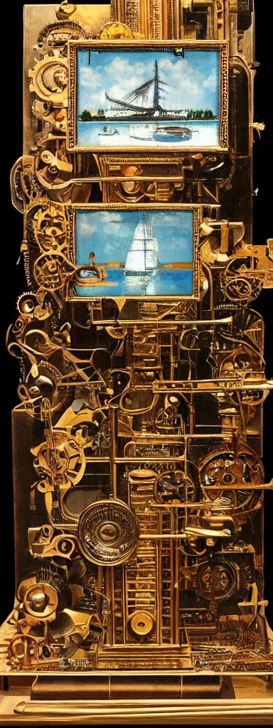 Prompt: An intricate, highly detailed and technologically advanced steampunk computer painted by Rene Magritte and Salvador Dali