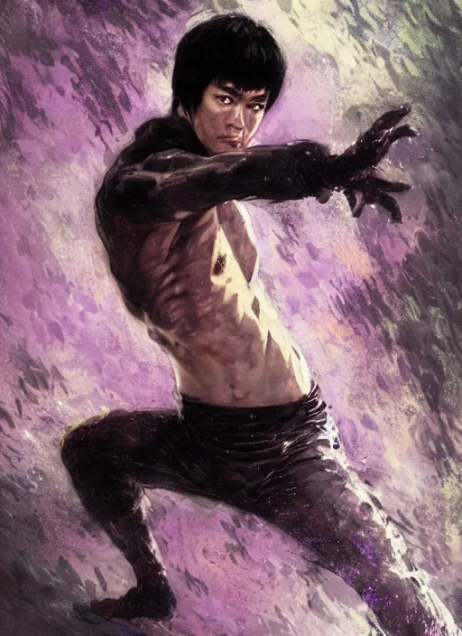 Image similar to bruce lee emerging from purple and black water by greg rutkowski, claude monet, conrad roset, takato yomamoto, rule of thirds, sigma look, beautiful