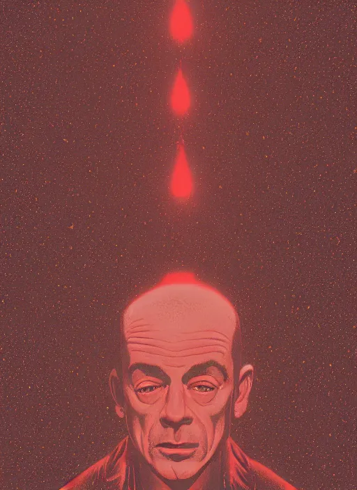 Prompt: Twin Peaks poster artwork by Michael Whelan and Bob Larkin, of portrait of Joe Rogan in red flannel, spotlight from the sky shining on him, from scene from Twin Peaks, clean, simple illustration, nostalgic, domestic