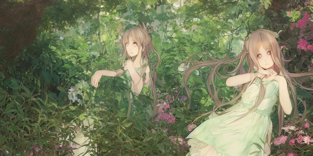 Image similar to a digital art of a loli with long hair in a dress in the privet garden at after noon, green and warm theme, by krenz cushart and mucha and akihito yoshida and greg rutkowski and makoto shinkai, low angle, long shot, back lighting, detailed eyes, 4 k resolution, trending on art station