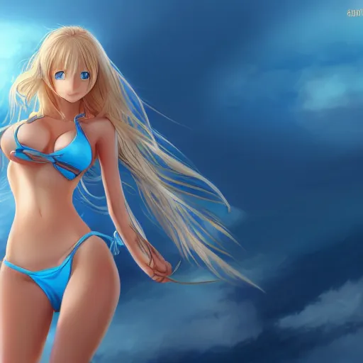 Image similar to a very beautiful young anime giantess, full body, long wavy blond hair, sky blue eyes, full round face,, bikini, miniskirt, front view, mid - shot, highly detailed, cinematic wallpaper by stanley artgerm lau