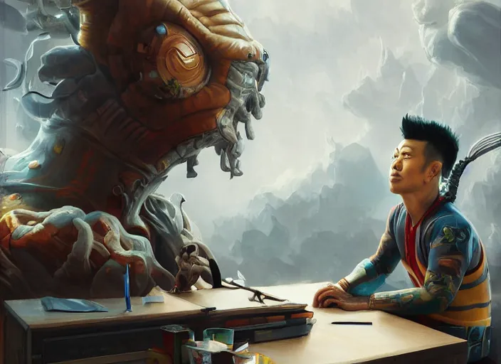 Image similar to an insanely detailed painting of an asian man wearing a homemade superhero costume, sitting at a desk, staring at the nervously at the computer and typing, in the style of peter mohrbacher, dramatic lighting and composition, surreal background, octane render, pixar, trending on artstation, concept art, comic book, view from behind