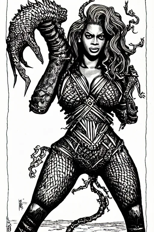 Image similar to beyonce as a d & d monster, full body, pen - and - ink illustration, etching, by russ nicholson, david a trampier, larry elmore, 1 9 8 1, hq scan, intricate details, inside stylized border