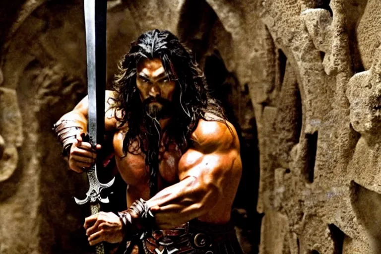 Image similar to film still from conan the barbarian, jason momoa as conan holding a giant sword with both hands above his head, in the catacombs of evil, fantasy armor, volumetric lighting, mist, wet skin and windblown hair, muscular!!!, heroic masculine pose, ridley scott