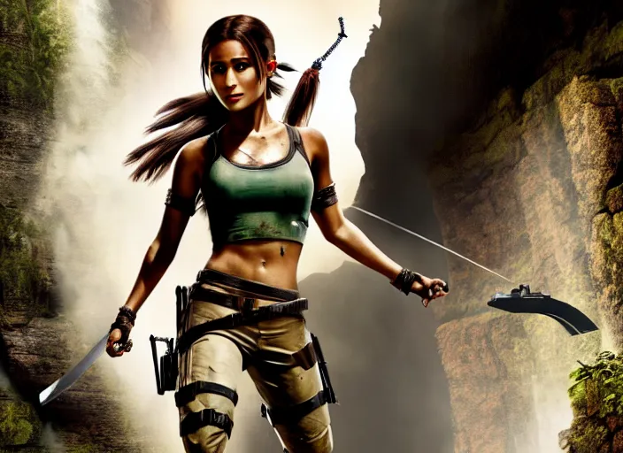 Image similar to film still of!!!! ariana grande!!! as lara croft in new tomb raider movie, 8 k