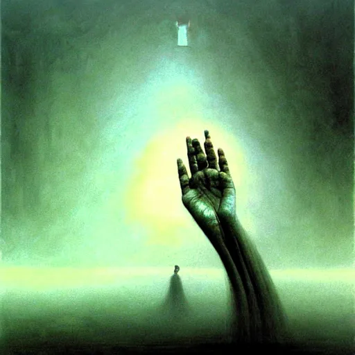 Image similar to arm reaching out of thick fog, marble blocks levitating in the background, zdzislaw beksinski