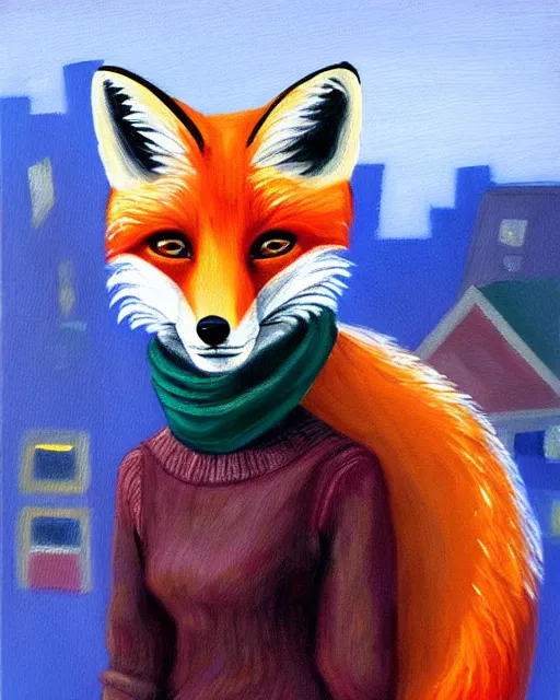 Image similar to oil painting portrait of anthropomorphic female fox animal dressed in sweater and scarf, fox animal, movie studio in background, location movie studio, oil painting,