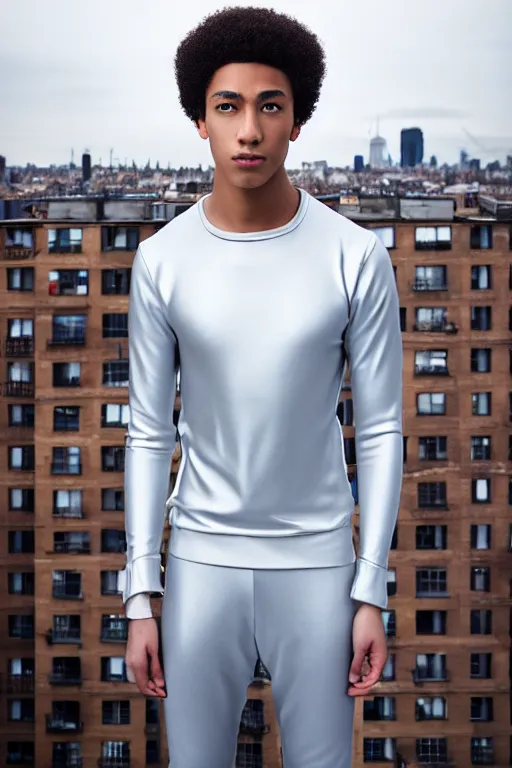 Image similar to un ultra high definition studio quality photographic art portrait of a young man standing on the rooftop of a british apartment building wearing soft padded silver pearlescent clothing. three point light. extremely detailed. golden ratio, ray tracing, volumetric light, shallow depth of field. set dressed.