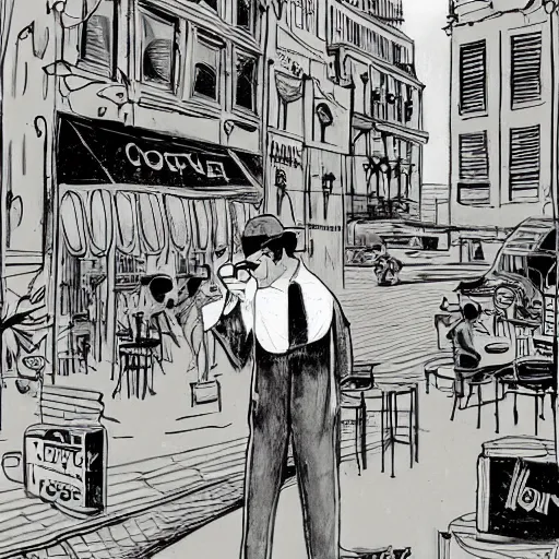 Image similar to drinking coffee in the streets, in the style of james jean, film noir, dark atmosphere