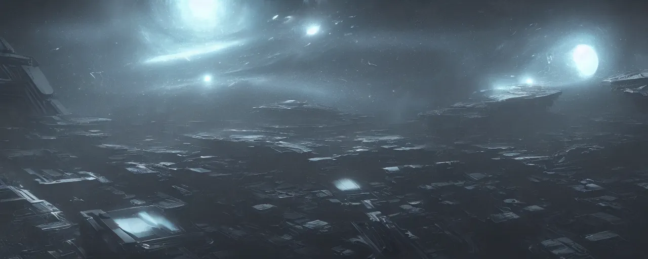 Image similar to dark scifi space panorama, octane render, chiaroscuro