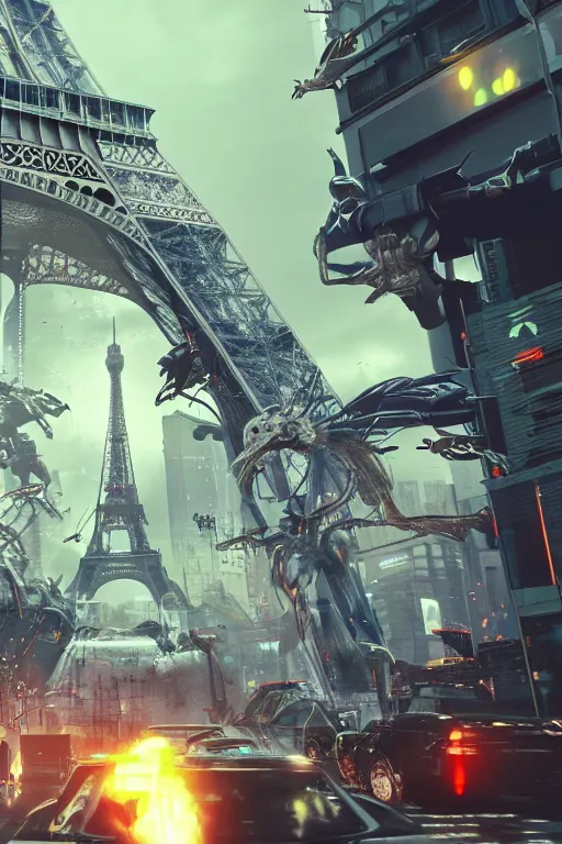 Prompt: paris cyberpunk attacked by aliens, lots of explosions, realistic, high definition, many details, dramatic scene, detailed and realistic hands, symmetrical face, realistic eyes, art of unreal engine 5