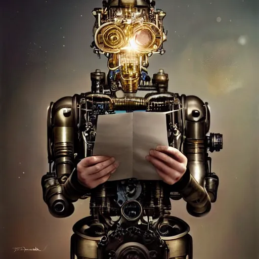 Prompt: a beautiful intricate fine art portrait photo of a a mechanical industrial steampunk cybernetic robot reading a letter held in her hands, by tom bagshaw and zach sutton, perfection!, happiness, golden ratio composition, studio lighting, 50mm lens, very detailed, bionic, cybernetic scifi, deep depth of field, artstation, 8K, highly coherent