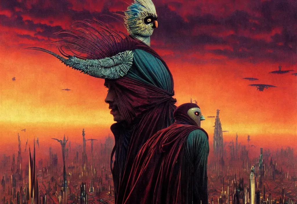 Prompt: realistic detailed portrait movie shot of a birdman wearing dark ragged robes, futuristic city sunset landscape background by denis villeneuve, amano, yves tanguy, alphonse mucha, ernst haeckel, max ernst, roger dean, rich moody colours, cinematic closeup