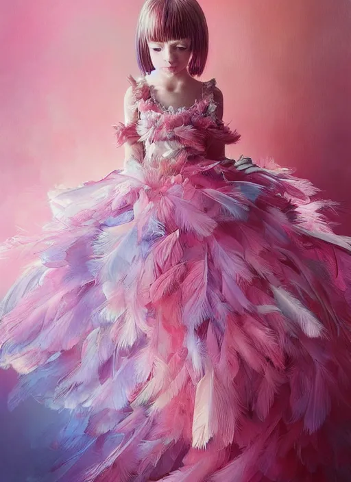 Image similar to beautiful little girl with an pink eccentric haircut wearing an dress made of feathers dancing on stage, artwork made by ilya kuvshinov, inspired in donato giancola, hd, ultra realistic, reflection, flowers, light, realistic face, bird, trending on pixiv