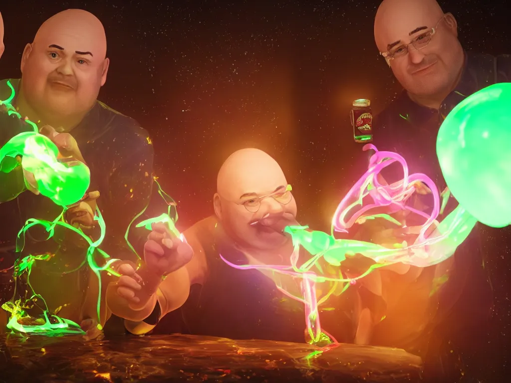 Image similar to a hyperrealistic portrait render of two fat bald men opening a bottle of glowing worms and drinking fluorescent liquid in the cosmos, unreal engine 8k