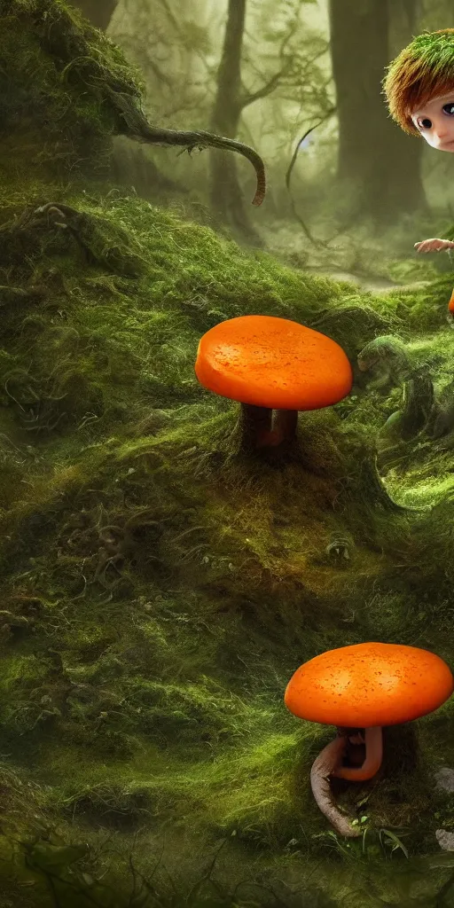 Prompt: a cute, little orange mushroom boy, surrounded by a green forrest, humanly realistic looking, moody , lovecraft, giger, ridley scott, zack snyder, Fenghua Zhong, realistic cinematic lighting, establishing action shot, ultra detailed, hyper realism, photo, octane render