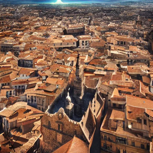 Image similar to the monumental city of caceres with a dragon flying over it, dramatic lighting, cinematic, extremly high detail, photorealistic, cinematic lighting, post processed, concept art, artstation, matte painting, style by greg rutkowsky - 1 0 2 4