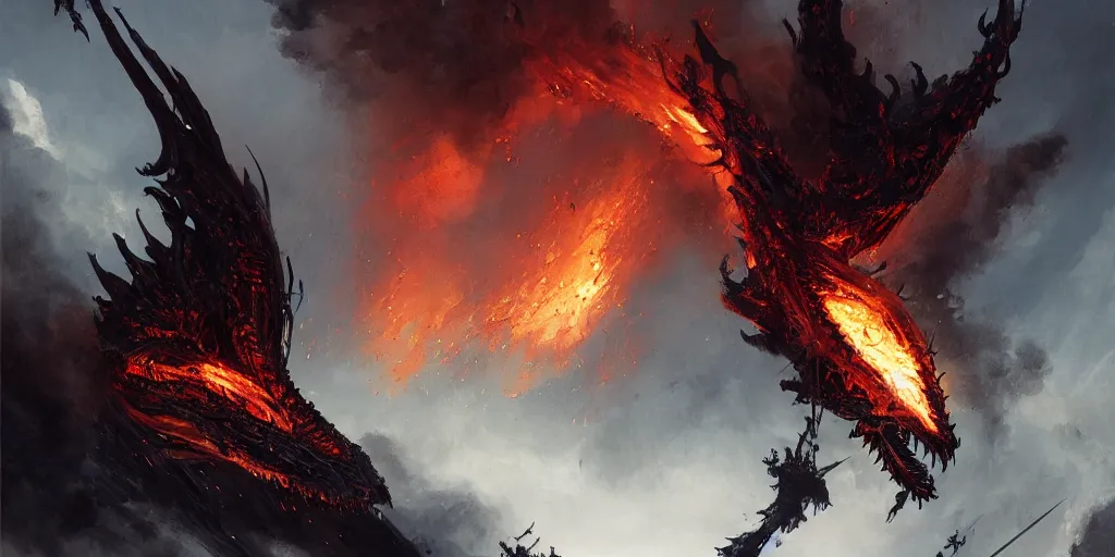 Image similar to A vicious black dragon breathes flames on a Spanish Galleon concept art by Greg Rutkowski,