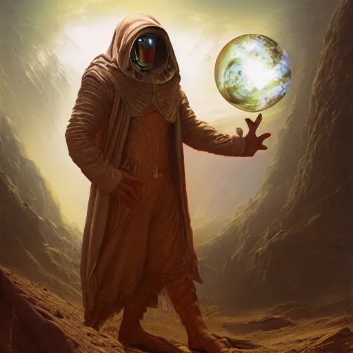 Image similar to masked nomad male wearing a cloak on an alien world and holding a holographic planet projection in his hand, detailed, sci - fi, digital painting, artstation, sharp focus, illustration, ominous, artgerm, tomasz alen kopera, peter mohrbacher, donato giancola, joseph christian leyendecker, wlop, frank frazetta