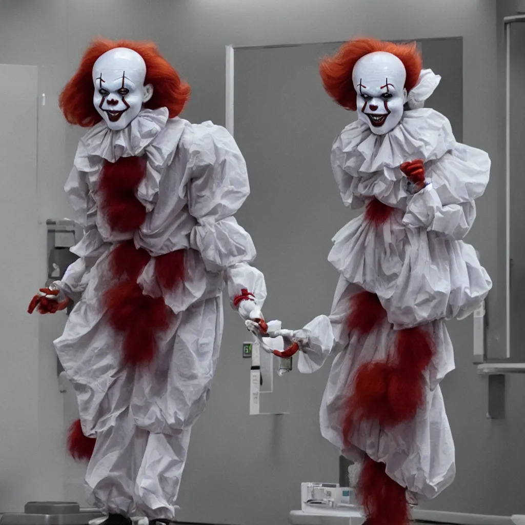 Image similar to a full body photograph of pennywise dressed as a doctor at a hospital