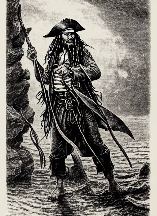 Image similar to illustration davey jones from the pirate of the caribbean, etching by louis le breton, 1 8 6 9, 1 2 0 0 dpi scan, ultrasharp detail, clean scan
