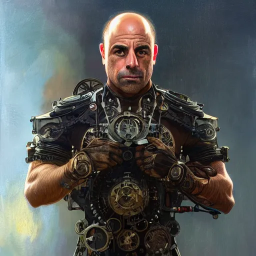 Image similar to joe rogan as a cyborg, portrait, western, steampunk, duster, fantasy, intricate, elegant, highly detailed, digital painting, artstation, concept art, sharp focus, illustration, art by artgerm and greg rutkowski and alphonse mucha